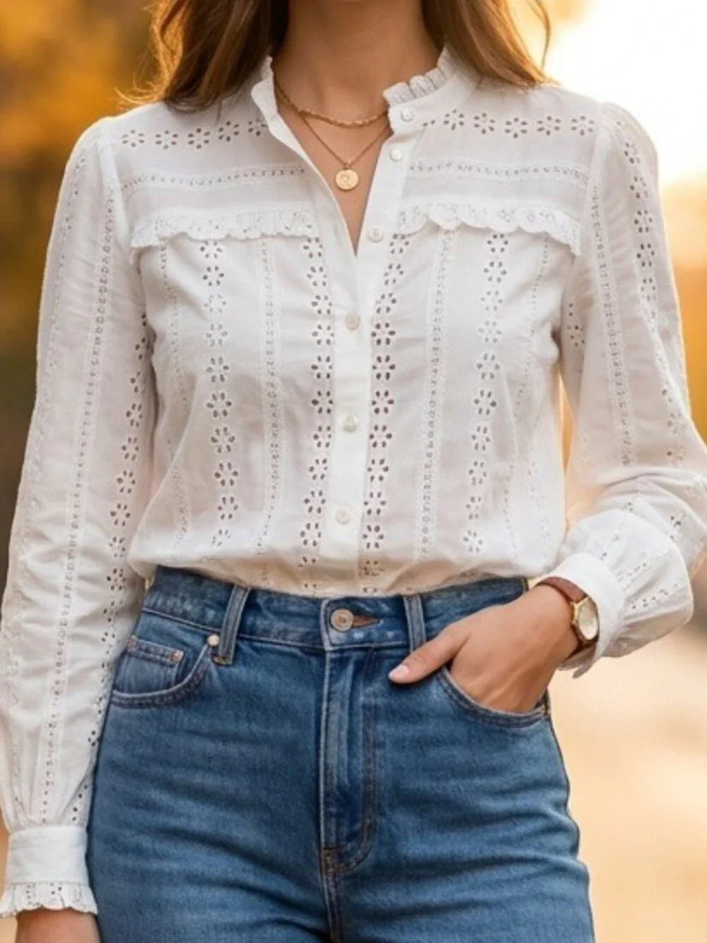 ZARA White Eyelet Ruffled Long Sleeve Blouse Size XL Cottagecore Boho